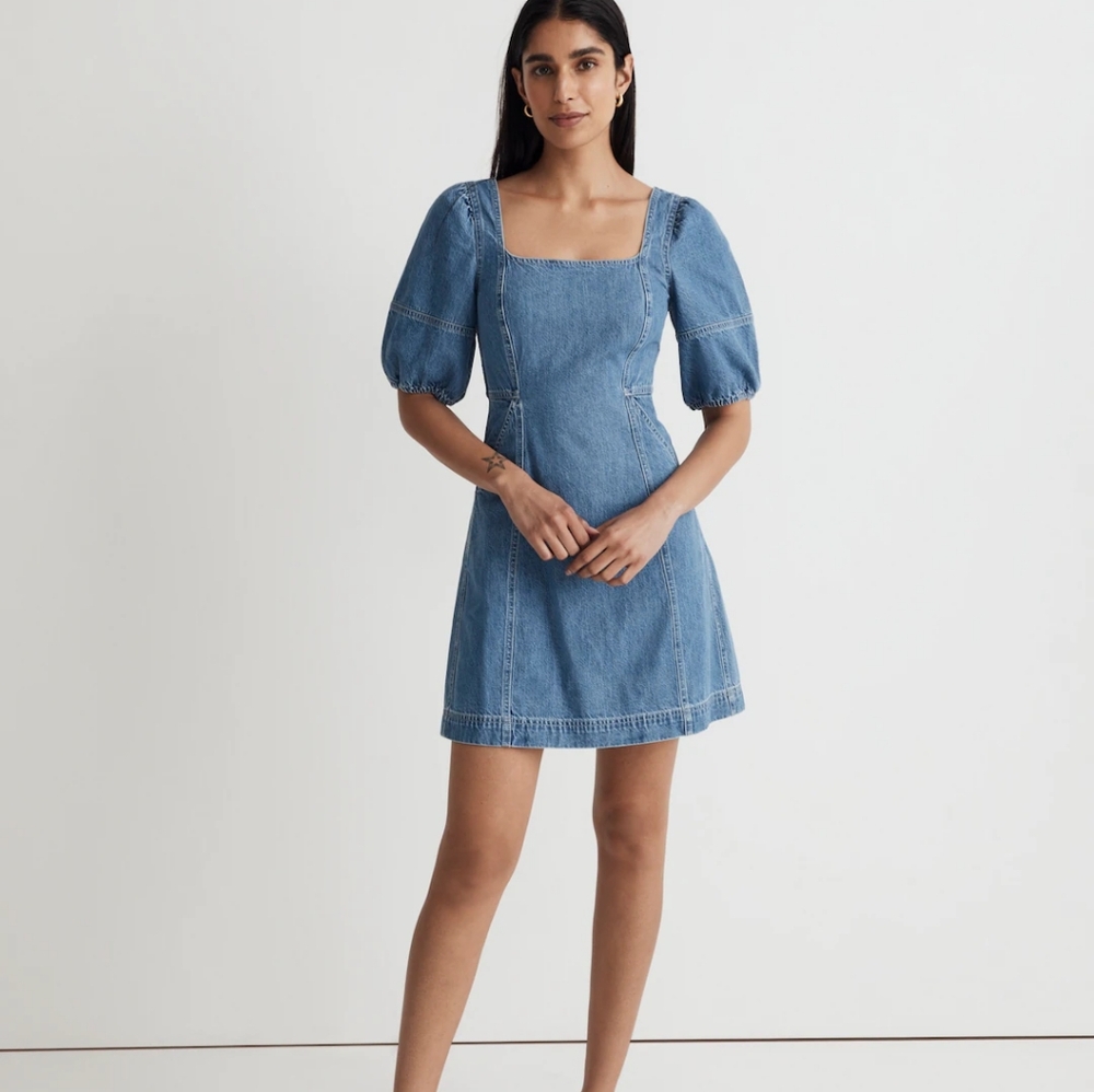 Madewell Maisie Mini Denim Dress Square Neck Puff Sleeve 90s Size 00 NWT
